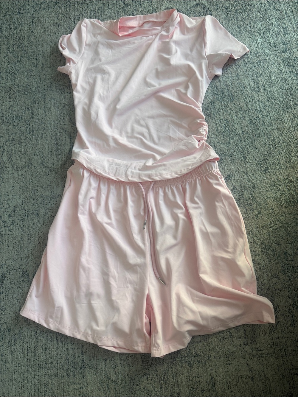 Amazon Women's Light Pink Short Sleeve Tee & Drawstring Shorts Lounge Set